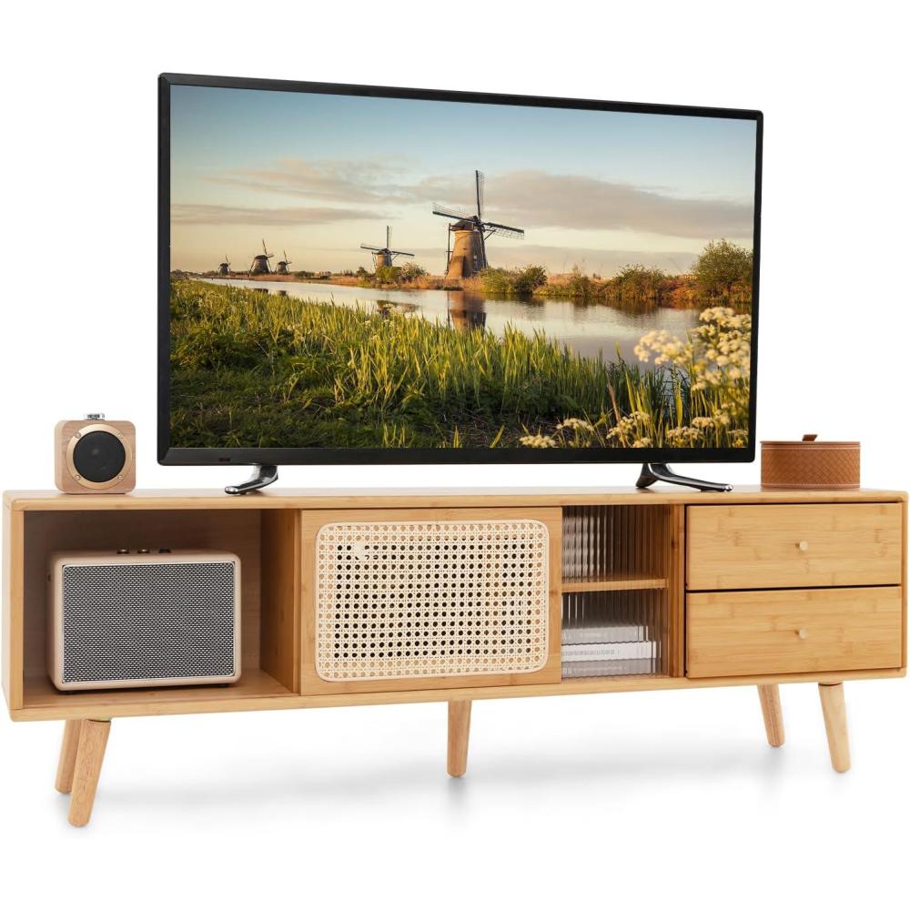 image:imageGiantex Bamboo TV Stand for 55 60 65 Inch TV PE Rattan Entertainment Center with Sliding Doors Drawers Open Shelves 5 Solid Wood Legs 2 Cable Holes TV Console Table for Living Room Bedroom