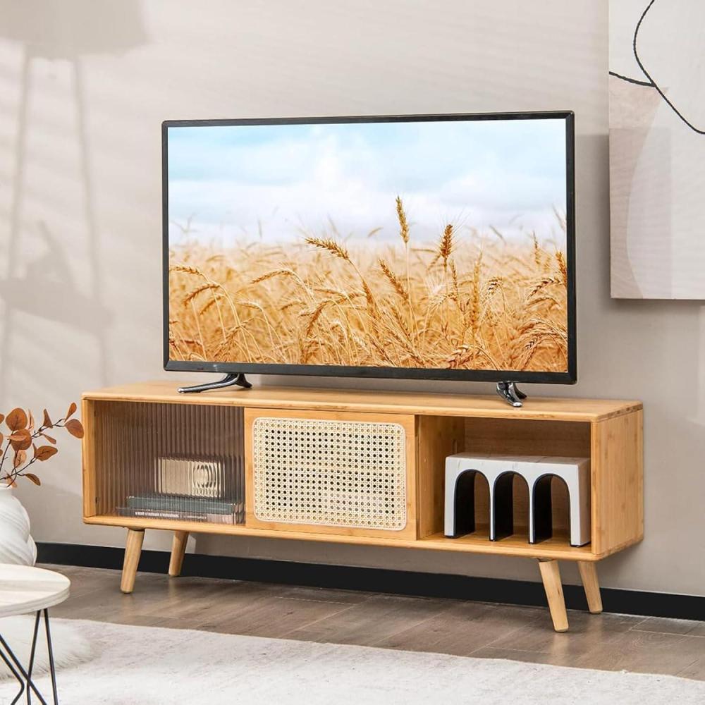 image:imageGiantex Bamboo TV Stand for TVs up to 55 Mid Century Modern Entertainment Center w 3Level Adjustable Shelf PE Rattan Tempered Glass Sliding Door Media TV Console Table for Bedroom NaturalNatural