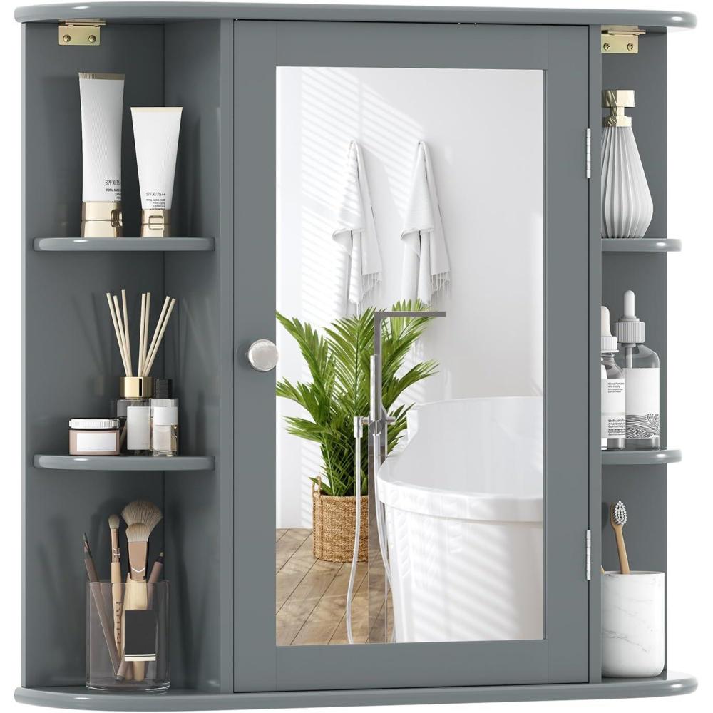 image:imageGiantex Bathroom Medicine Cabinet Wall Mounted Bathroom Mirror Cabinet with Mirrored Door amp 4 Interior Shelves 6 Open Shelves Mounting Hardware SpaceSaving Storage Cabinet WhiteGrey