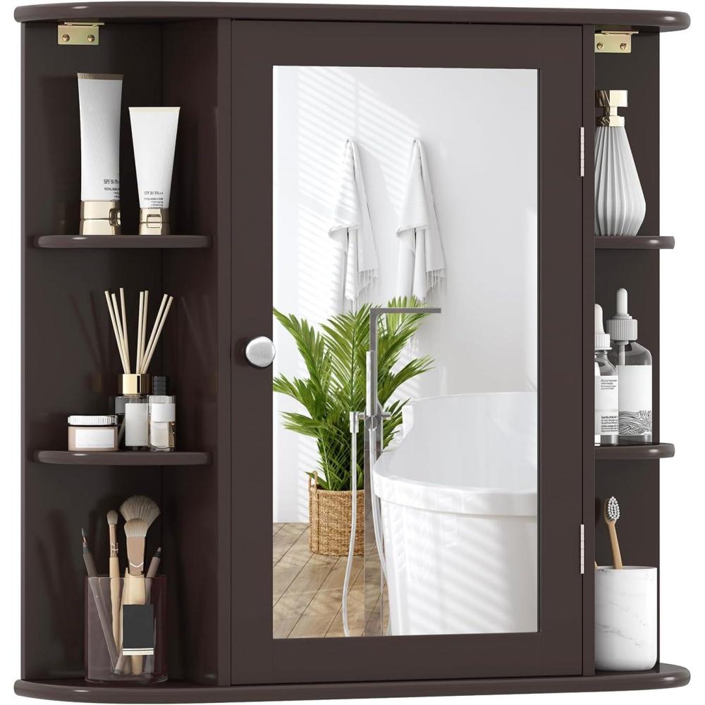 image:imageGiantex Bathroom Medicine Cabinet Wall Mounted Bathroom Mirror Cabinet with Mirrored Door amp 4 Interior Shelves 6 Open Shelves Mounting Hardware SpaceSaving Storage Cabinet WhiteBrown