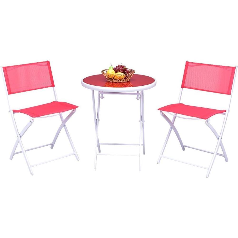 image:imageGiantex Bistro Table Set 3 Piece Patio Bistro Set Outdoor Folding Table and Chairs Foldable Patio Dining Set Porch Furniture Set Garden Backyard Metal Frame No Assembly BlackRed