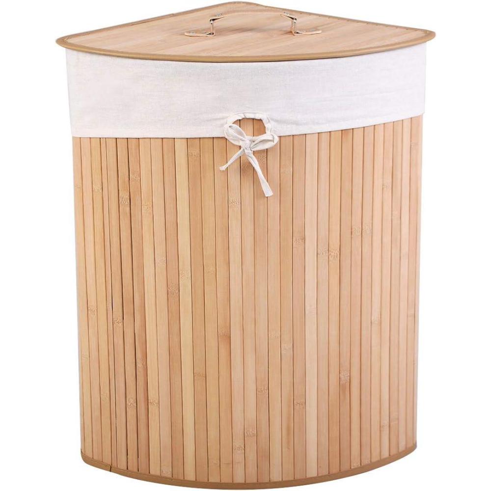 image:imageGiantex Corner Laundry Hamper with Lid Bamboo Laundry Basket with Removable Liner and Handle Clothes Basket for Cloth Organize Clothes Storage Bin for Bedroom Laundry Living Room Beige