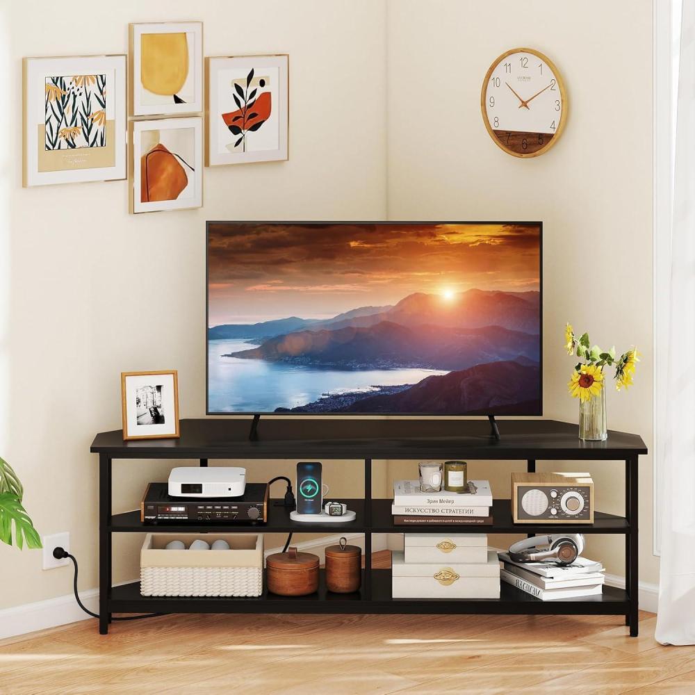 image:imageGiantex Corner TV Stand for 65 Inch TV Modern Entertainment Center wPower Outlet Storage ShelvesampMetal Frame Media TV Console Table for Living Room Bedroom Small Spaces Black