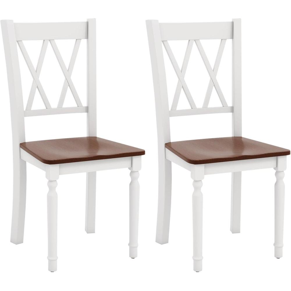image:imageGiantex Dining Room Chairs Set of 2 White Wooden Farmhouse Kitchen Chairs with Rubber Wood Seat Acacia Wood Legs Max Load 360 Lbs Heavy Duty Wood Armless Dining Chairs with High Back