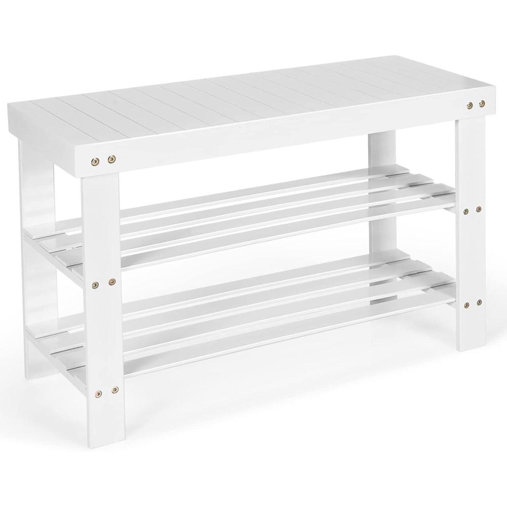 image:imageGiantex Entryway Shoe Bench Bamboo Shoe Shelf Organizer Holds up to 6 Pairs 3Tier Natural Shoe Storage Rack Heels Slippers for Entry Living Room Bathroom NaturalWhite
