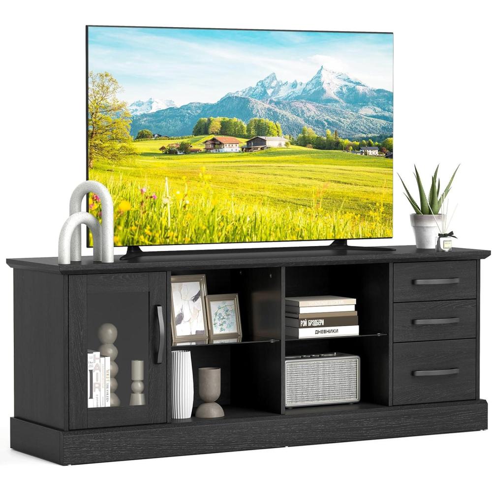 image:imageGiantex Farmhouse TV Stand for 73 Inch TV Wood TV Console Table wRemovable Glass Shelves Cable Management Holes amp Drawers Rustic Entertainment Center with Storage for Living Room Bedroom GreyBlack