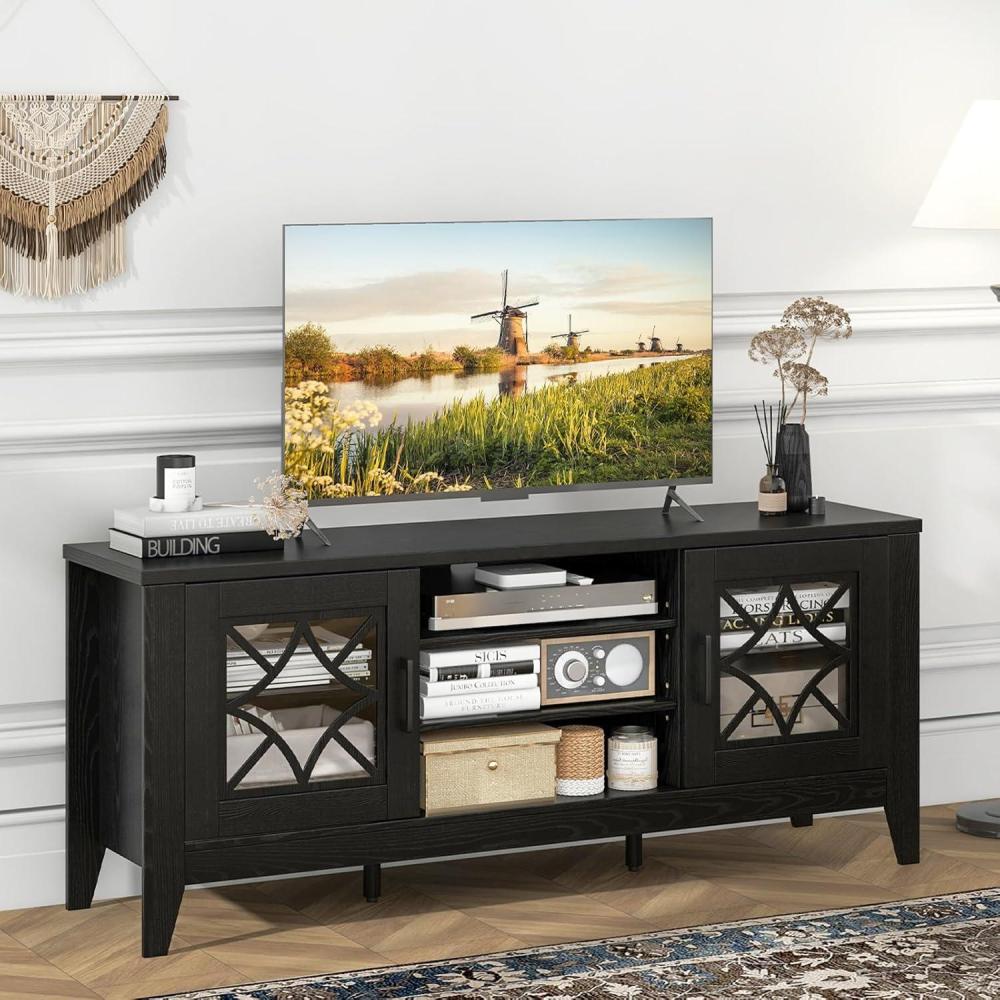 image:imageGiantex Farmhouse TV Stand for TVs up to 65 Entertainment Center with 4 Adjustable Storage Shelves amp Tempered Glass Doors Modern TV Console Table for Bedroom Living RoomBlack
