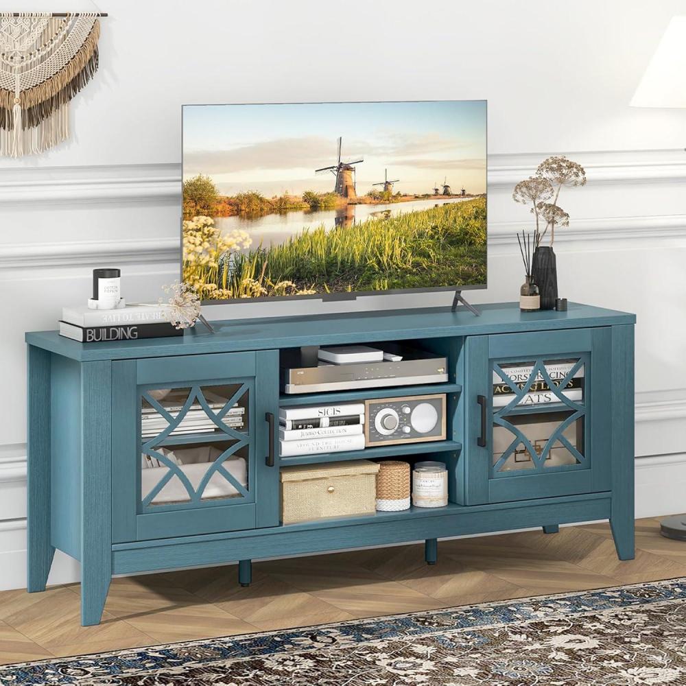 image:imageGiantex Farmhouse TV Stand for TVs up to 65 Entertainment Center with 4 Adjustable Storage Shelves amp Tempered Glass Doors Modern TV Console Table for Bedroom Living RoomTeal Blue