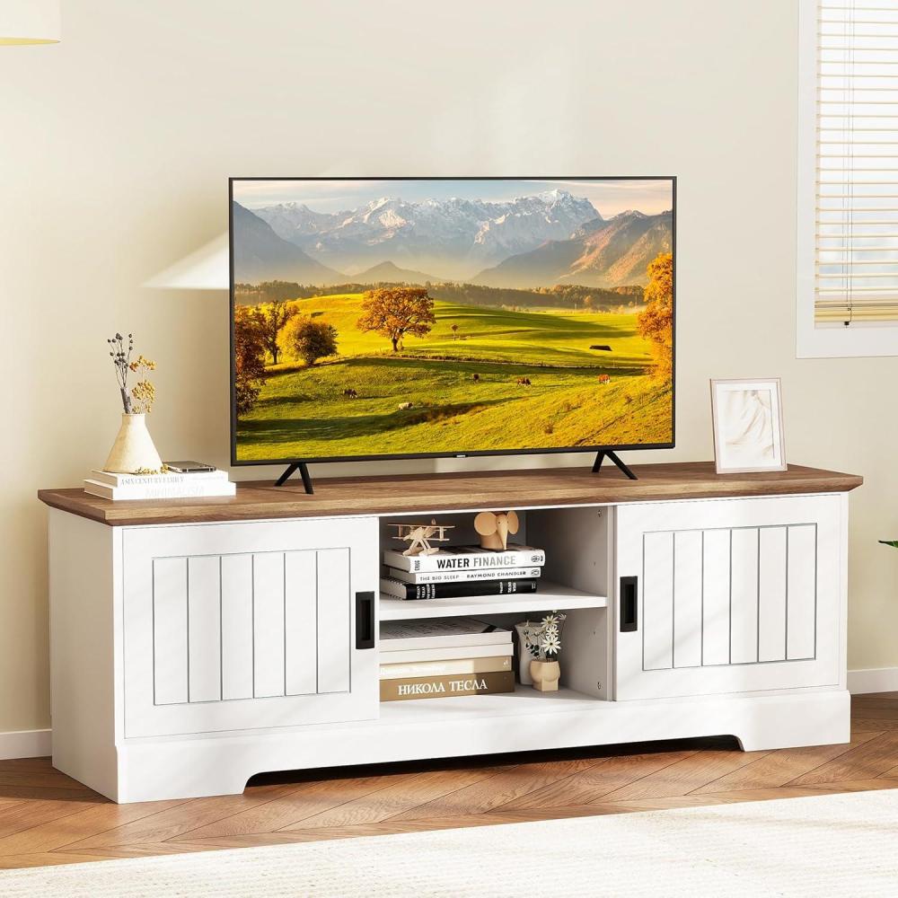 image:imageGiantex Farmhouse TV Stand for TVs up to 65 Entertainment Center with Storage Cabinets Sliding Doors amp Adjustable Shelves Modern Media TV Console Table for Living Room Bedroom White amp Oak