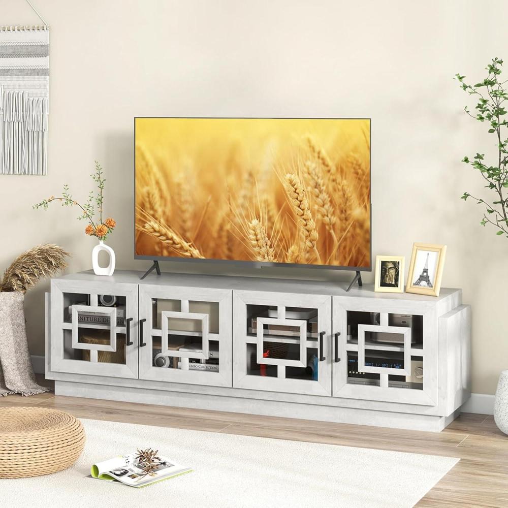 image:imageGiantex Farmhouse TV Stand for TVs up to 75 4Door Glass Entertainment Center with 2 Cabinets Adjustable Shelves Mid Century Modern Media TV Console Table for Living Room Bedroom TV Cabinet