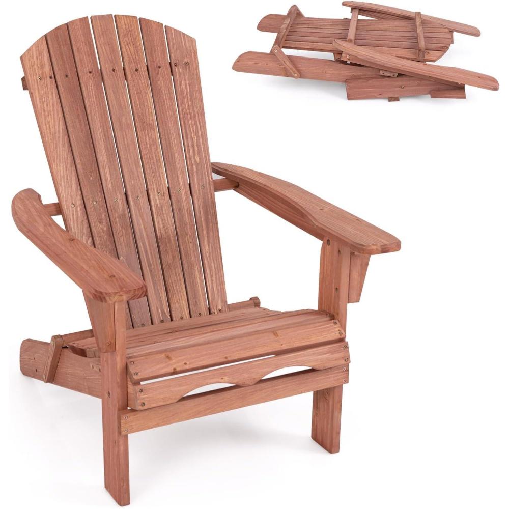 image:imageGiantex Foldable Adirondack Chair Folding Front Porch Chairs with High Back Wide Armrests 400 LBS Max Load Weather Resistant Wooden Fire Pit Chairs for Outdoor Lawn Poolside 1 GreyBrown