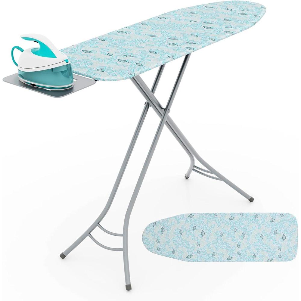 image:imageGiantex Foldable Ironing Board with Iron Rest Heat Resistant Cover 485 x 155 Ironing Surface 2736 Adjustable Heights Sturdy Metal Frame Iron Board for Laundry Room Light GrayTurquoise Leaves