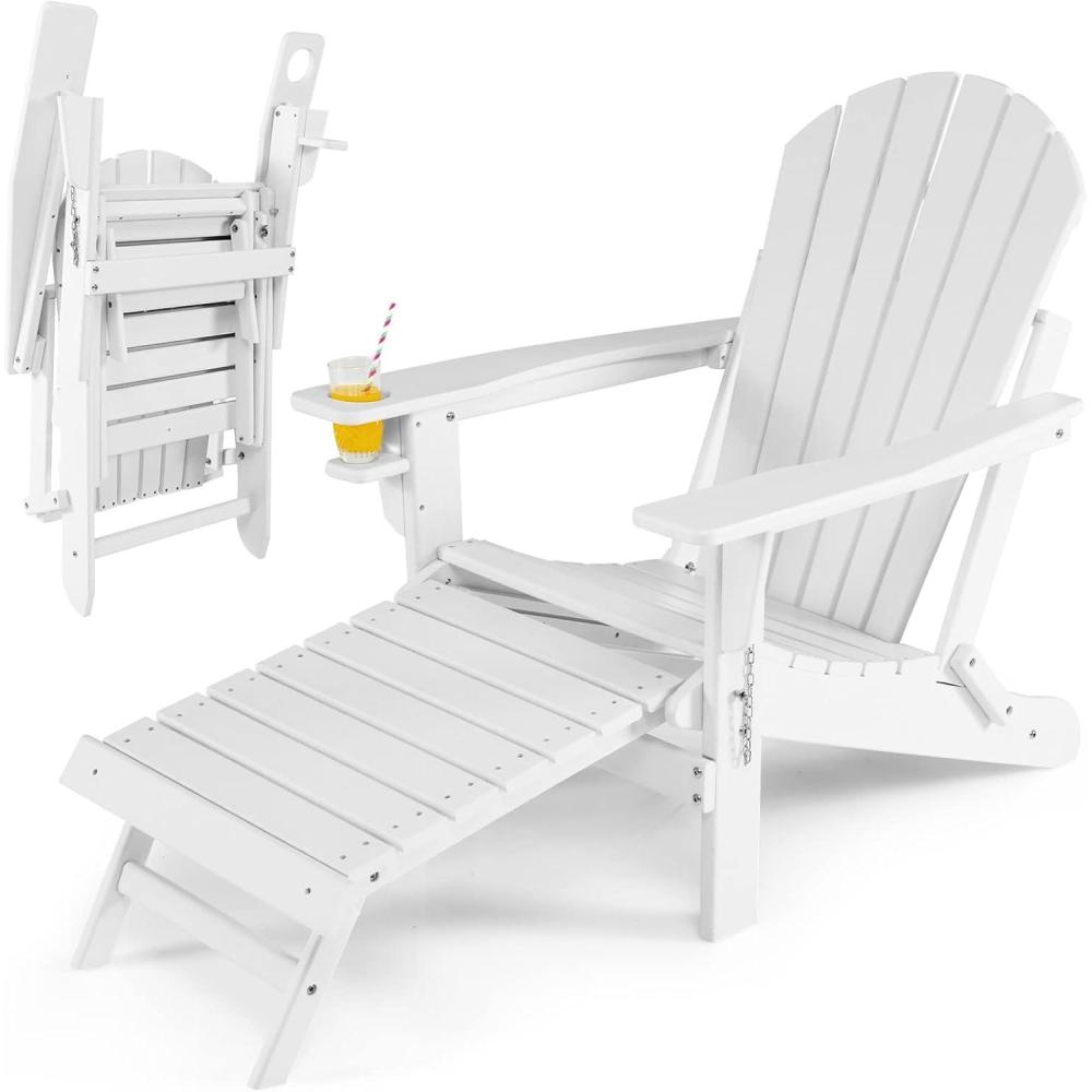 image:imageGiantex Folding Adirondack Chair HDPE Patio Chairs Fire Pit Lounge Chair WRetractable Ottoman amp Cup Holder Weatherproof Outdoor Adirondack Chairs for Porch Garden Backyard 1 GrayWhite