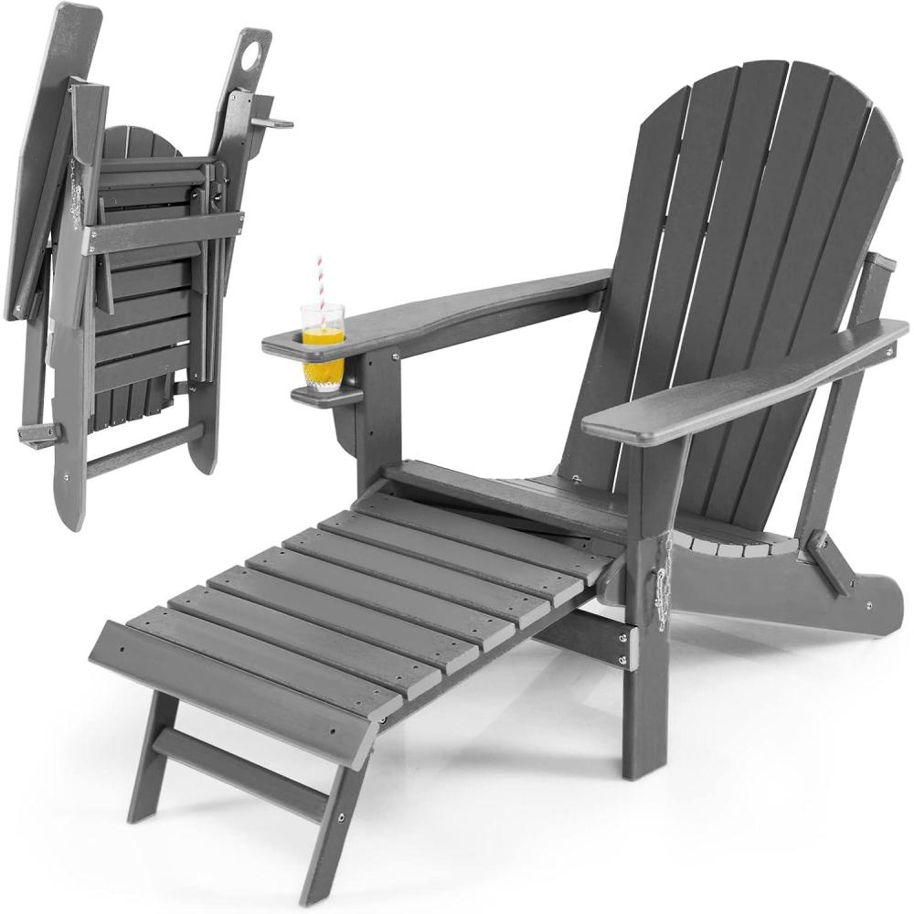 image:imageGiantex Folding Adirondack Chair HDPE Patio Chairs Fire Pit Lounge Chair WRetractable Ottoman amp Cup Holder Weatherproof Outdoor Adirondack Chairs for Porch Garden Backyard 1 GrayGrey