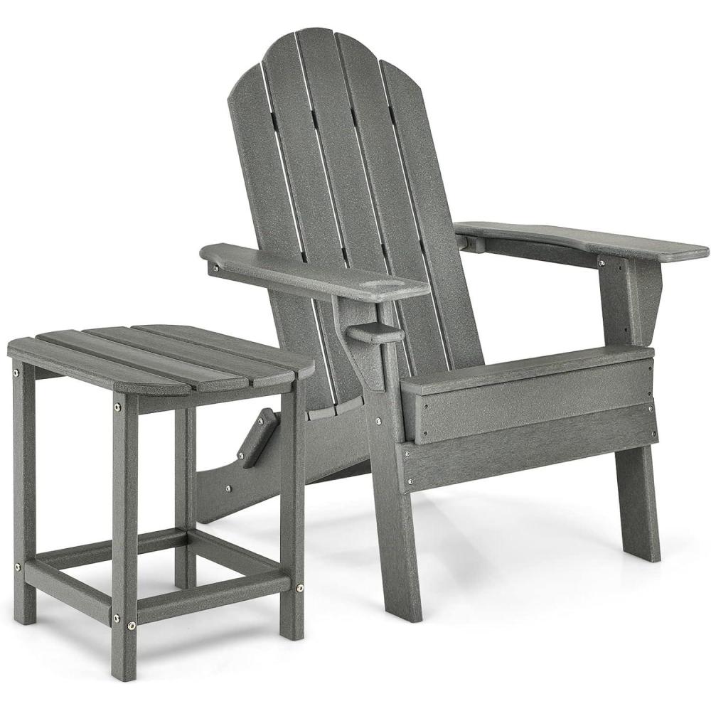 image:imageGiantex Folding Adirondack Chair Set HDPE Weather Resistant Fire Pit Chair Set with 18Inch Outdoor Side Table Cup Holder Lounge Set for Outside Deck Backyard Porch Poolside WhiteGrey