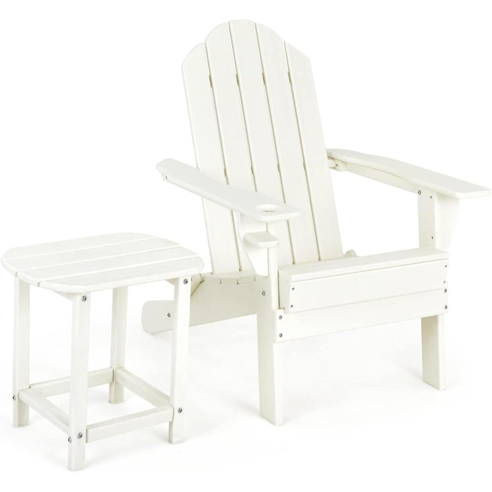 image:imageGiantex Folding Adirondack Chair Set HDPE Weather Resistant Fire Pit Chair Set with 18Inch Outdoor Side Table Cup Holder Lounge Set for Outside Deck Backyard Porch Poolside WhiteWhite