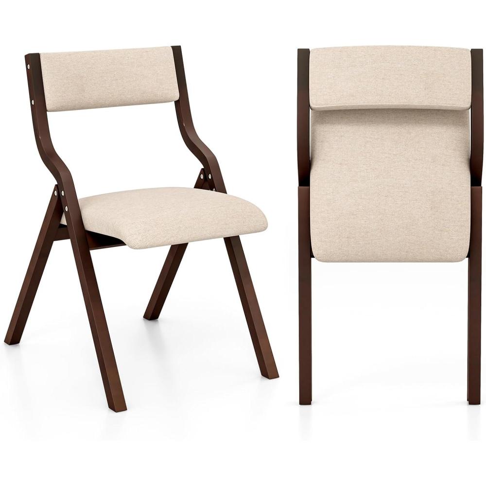 image:imageGiantex Folding Dining Chairs Set of 2 No Assembly Required with Linen Padded Seats Wooden Foldable Kitchen amp Party Chairs Easy to Store for Extra EventsCoffeebeige