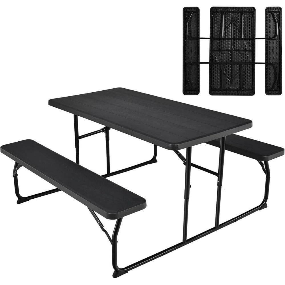 image:imageGiantex Folding Picnic Table Bench Set Outdoor Dining Table Set Large Camping Table for Patio Deck Lawn Garden Backyard Poolside Portable Picnic Tables Weather Resistant Metal Frame BlackBlack