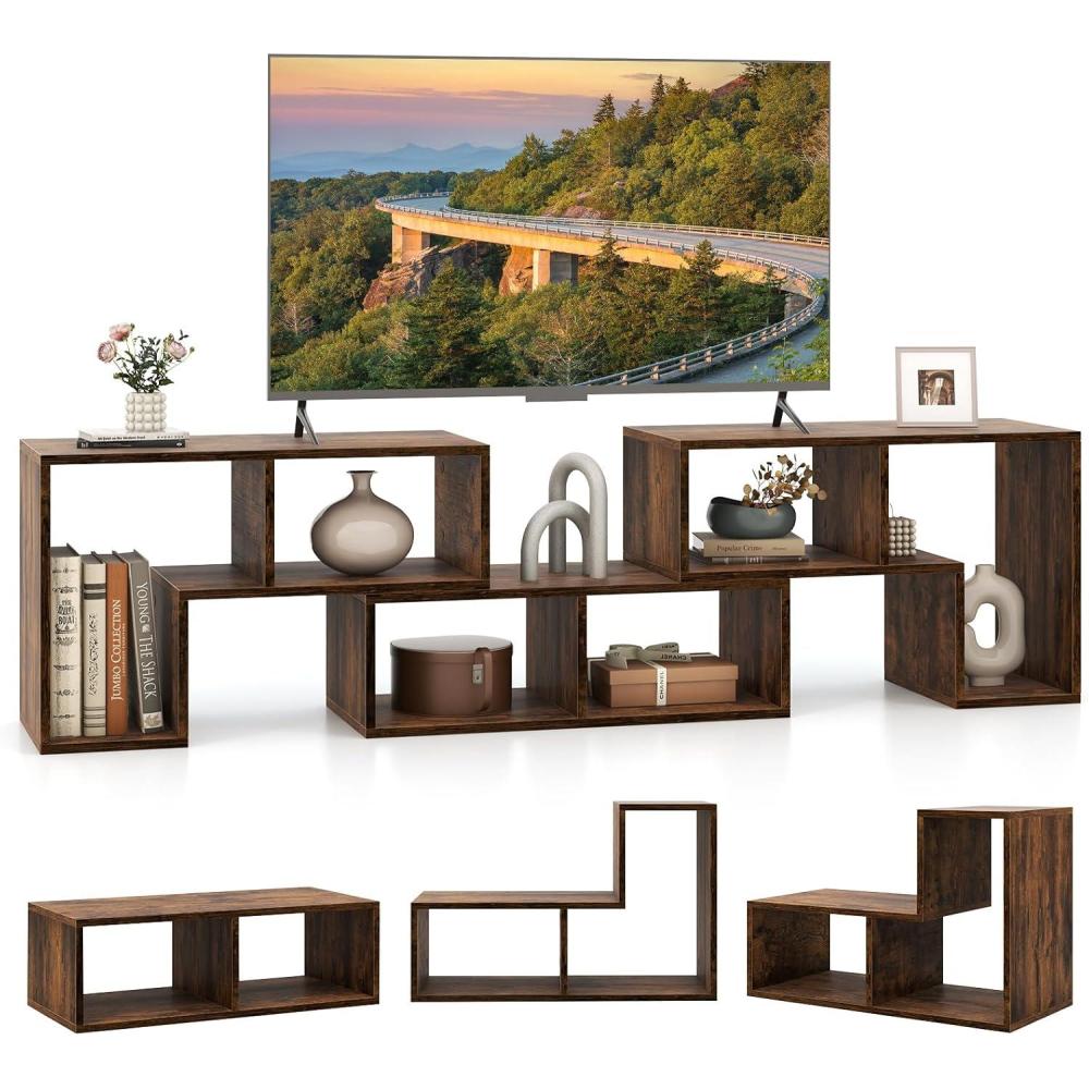 image:imageGiantex FreeCombination TV Stand for Bedroom Entertainment Center for 50 55 60 65 Inch TV 3Piece Media Console Table with Storage Cubes Deformable Open Storage Bookcase Shelf WhiteBrown