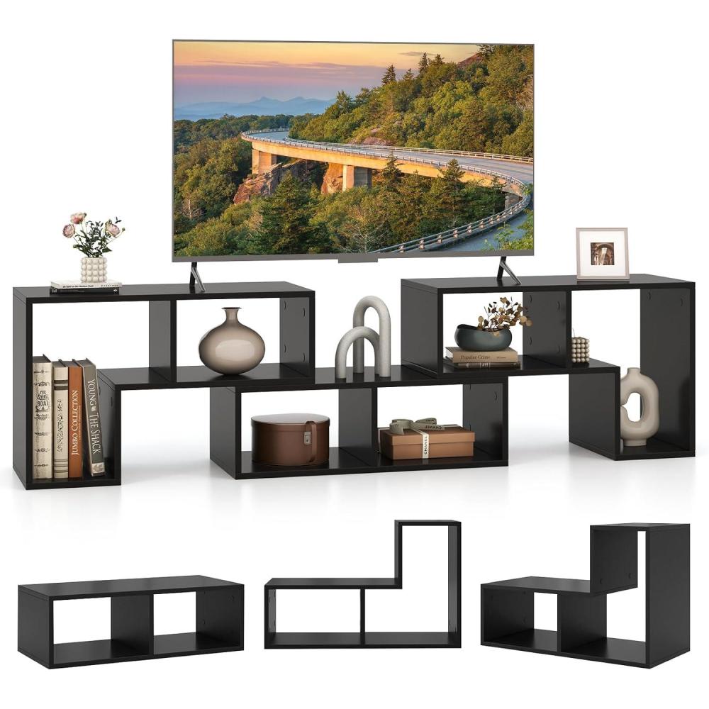 image:imageGiantex FreeCombination TV Stand for Bedroom  Entertainment Center for 50 55 60 65 Inch TV 3Piece Media Console Table with Storage Cubes Deformable Open Storage Bookcase Shelf WhiteBlack