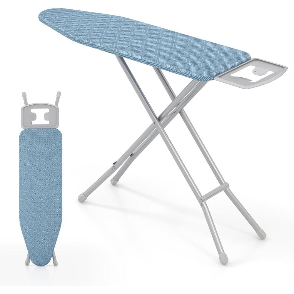 image:imageGiantex Full Size Ironing Board with Iron Rest 57 x 15 Carbon Steel Table with 7Level Height amp Heat Resistant Cover Foldable 4Layer Iron Board for Home Dorm amp Laundry Room GrayBlue