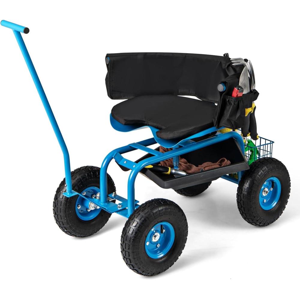 image:imageGiantex Garden Cart Rolling Workseat with 4 Wheels Tool Tray Removable Cushion Storage Basket 2 Handles Adjustable Height amp 360 Swivel Work Seat Gardening Stool for Patio Lawn Garden YardBlue  Black