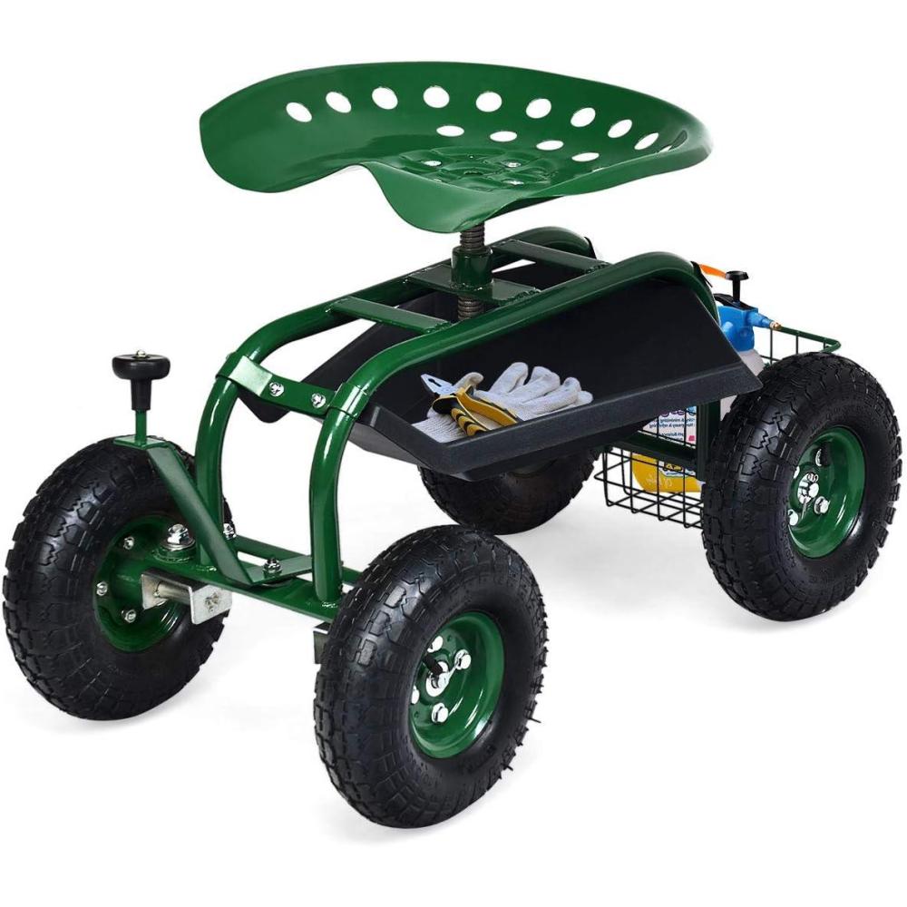 image:imageGiantex Garden Cart with Seat Rolling Garden Seat with Wheels Tools Basket 360 Swivel Gardening Workseat Adjustable Height Wagon Scooter for Patio Lawn Yard Outdoor Steerable Stool GreenGreen