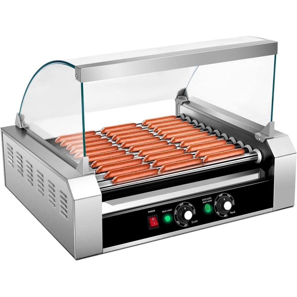 image:imageGiantex Hot Dog Roller Machine 7 NonStick Rollers 18 Hot Dog Sausage Grill Cooker Machine with Removable Stainless Steel Drip Tray and Glass Hood Cover Commercial Household Hot Dog Rotisserie23Lx19Wx17H