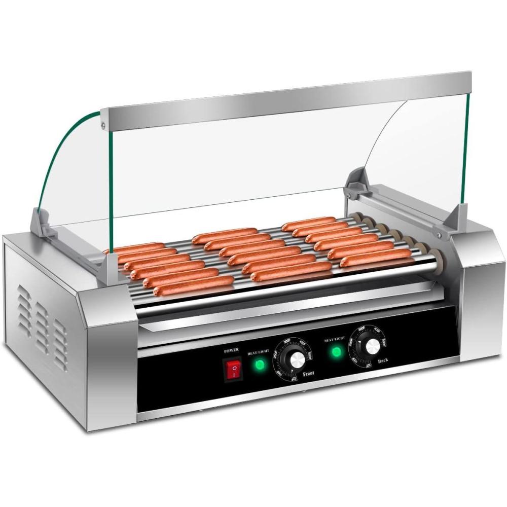 image:imageGiantex Hot Dog Roller Machine 7 NonStick Rollers 18 Hot Dog Sausage Grill Cooker Machine with Removable Stainless Steel Drip Tray and Glass Hood Cover Commercial Household Hot Dog Rotisserie23Lx13Wx16H