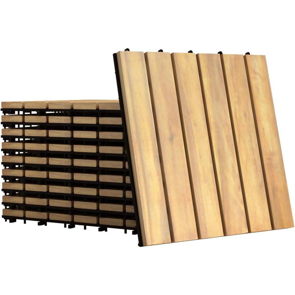 image:imageGiantex Interlocking Patio Deck Tiles Acacia Wood Deck Tiles Tools Free Assembly Wood Composite Patio Pavers Pack of 10 Outdoor and Indoor Flooring Tiles 12 x 12 Checker PatternStripe Pattern