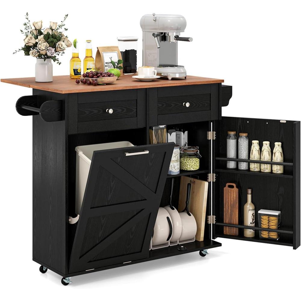 image:imageGiantex Kitchen Island Cart with Hidden Tilt Out Trash Can Cabinet Drop Leaf 2 Drawers Towel Rack Rolling Mobile Breakfast Bar Table Wood Kitchen Storage Cart on Wheels White amp NaturalBlack Natural
