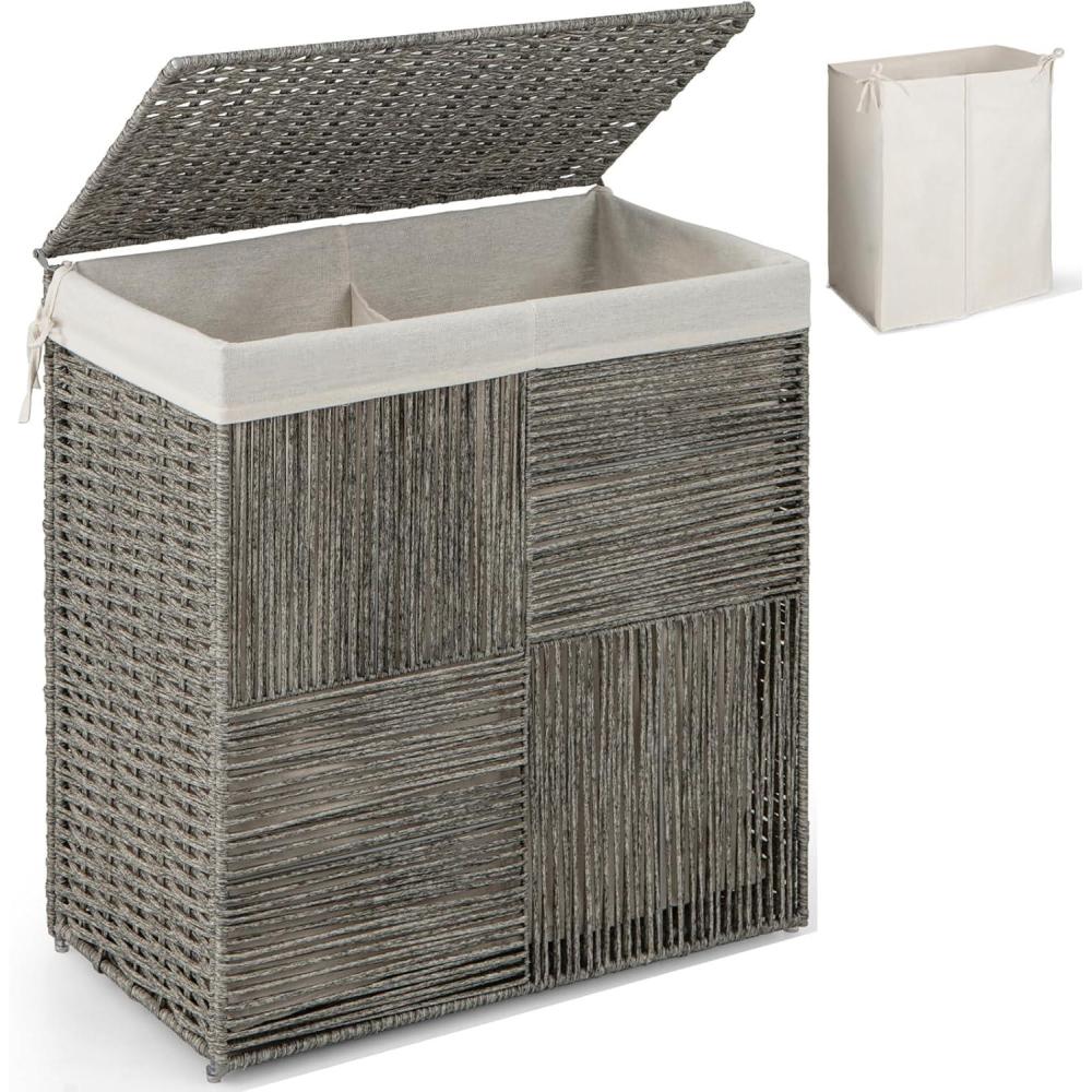 image:imageGiantex Laundry Hamper with Lid 29 Gal 110L Wicker Laundry Basket with 2section Liner Bag Removable amp Washable Foldable PP Rattan Clothes Hamper with Handle for Bathroom Bedroom GrayGray