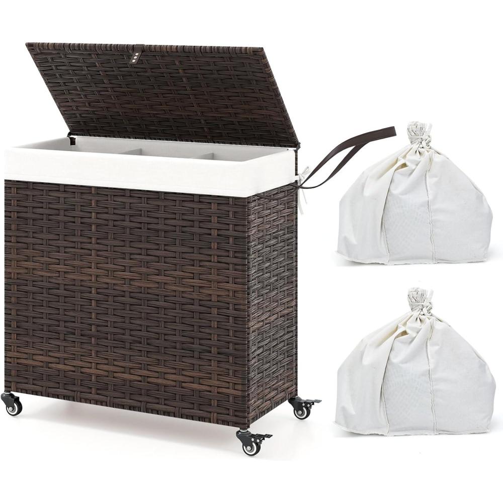 image:imageGiantex Laundry Hamper with Wheels and Lid 125L Rattan Clothes Hamper with 2 Removable Liner Bags amp Handle 3Section Foldable Laundry Sorter Rolling Wicker Laundry Basket for BathroomBlackBrown
