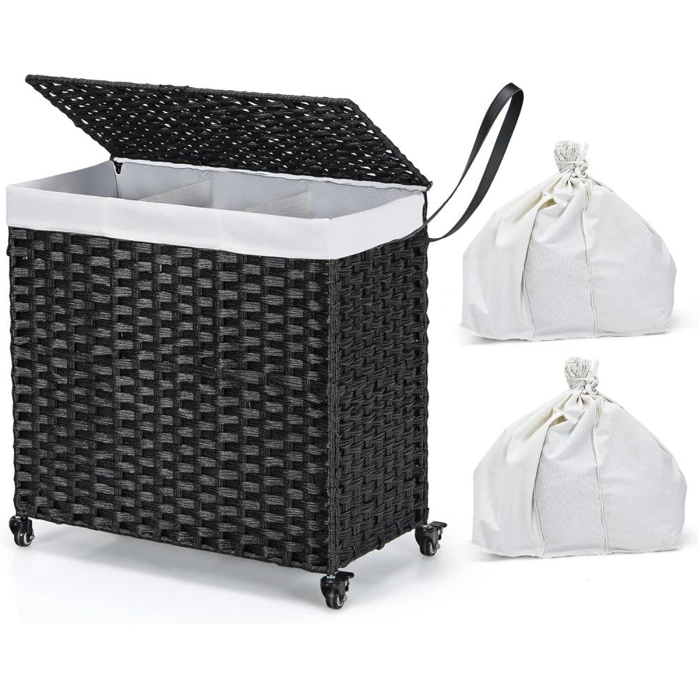 image:imageGiantex Laundry Hamper with Wheels and Lid 125L Rattan Clothes Hamper with 2 Removable Liner Bags amp Handle 3Section Foldable Laundry Sorter Rolling Wicker Laundry Basket for BathroomBlackBlack