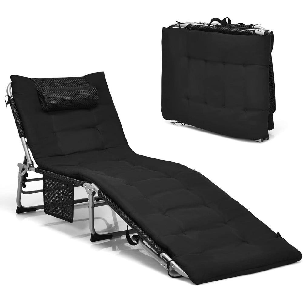 image:imageGiantex Lounge Chair Chaise Lounger Beach Recliner with Mattress 4 Adjustable Reclining Position Pillow Side Pocket for Beach Sunbathing Patio Pool Lawn Deck Folding Camping Cot 1 BeigeBlack