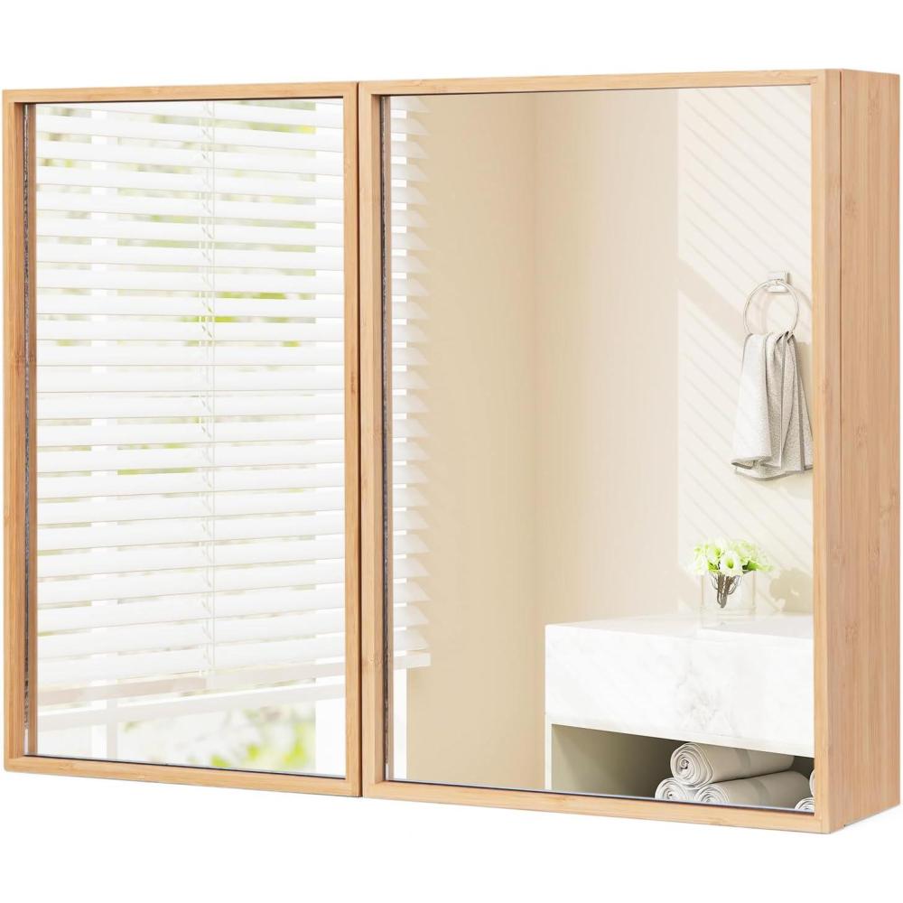 image:imageGiantex Medicine Cabinet Bathroom Medicine Cabinet with Mirror Reversible Double Door 2 Adjustable Shelves Bamboo Vanity Mirror Cabinet for Entryway Living Room Bathroom Wall Cabinet Natural
