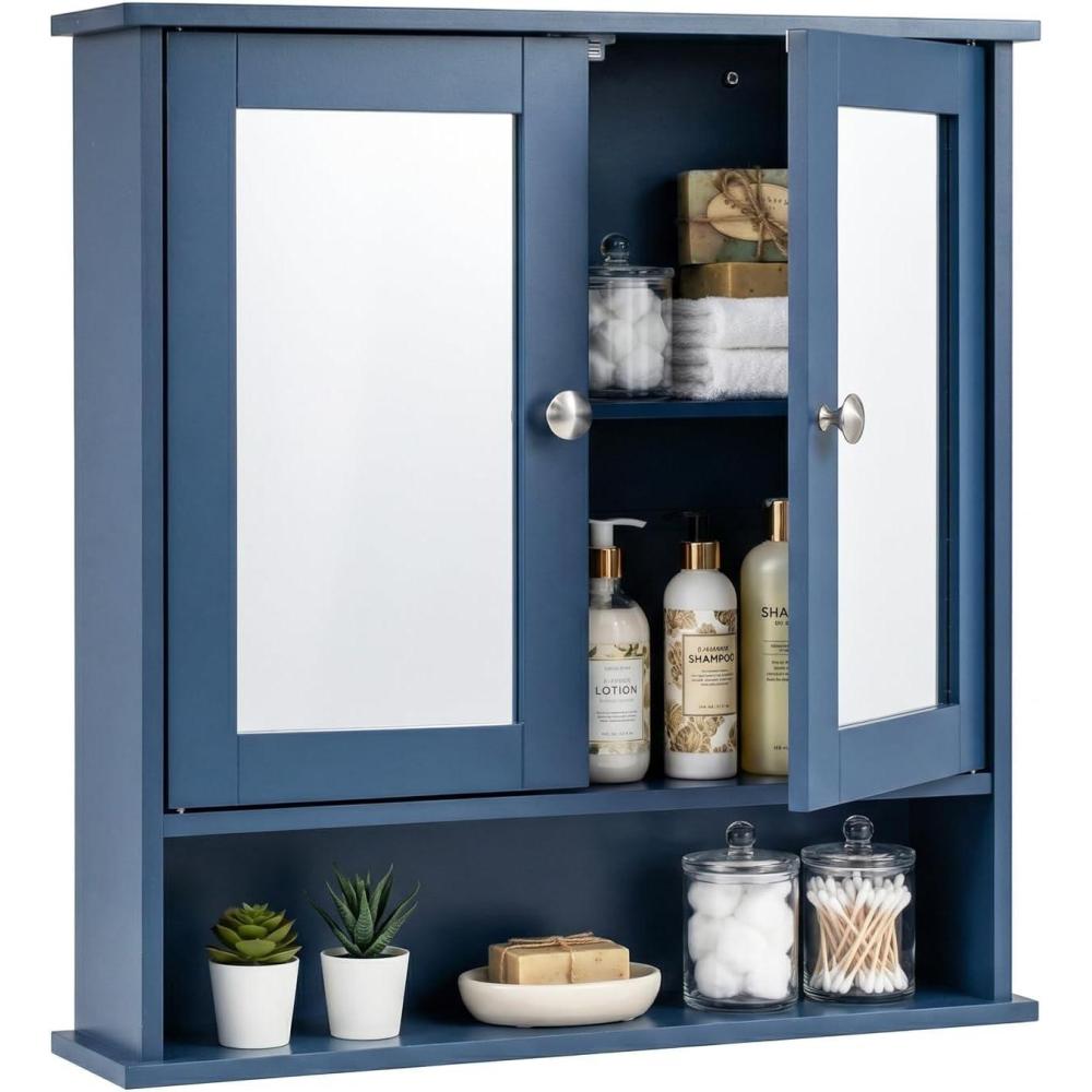 image:imageGiantex Medicine Cabinet Bathroom Wall Cabinet with 2 Mirrored Doors Adjustable Shelf Open Compartment Wall Mounted Cabinet Over The Toilet Storage Cabinet 22 x 5 x 23 Cupboard GreyBlue