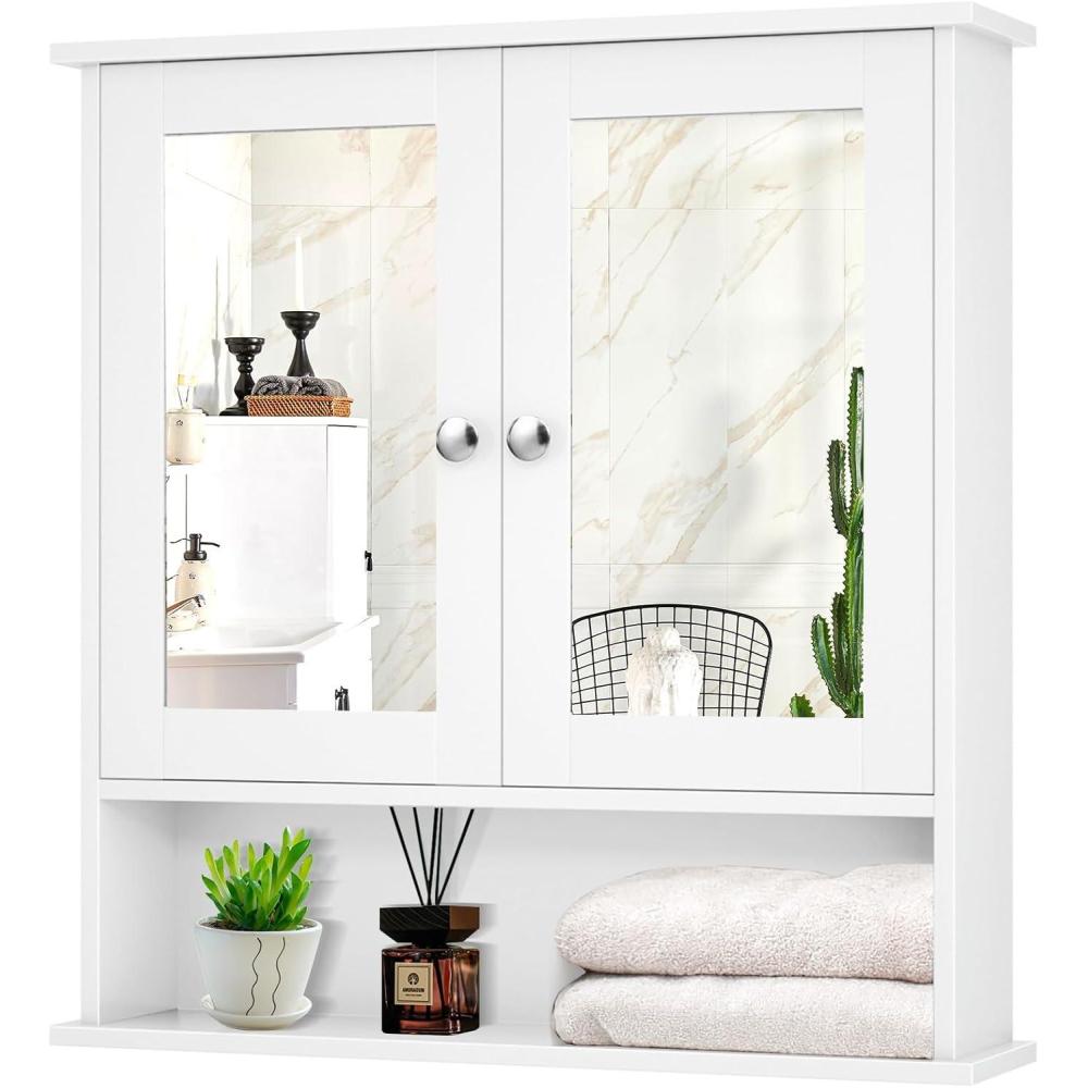 image:imageGiantex Medicine Cabinet Bathroom Wall Cabinet with 2 Mirrored Doors Adjustable Shelf Open Compartment Wall Mounted Cabinet Over The Toilet Storage Cabinet 22 x 5 x 23 Cupboard GreyWhite