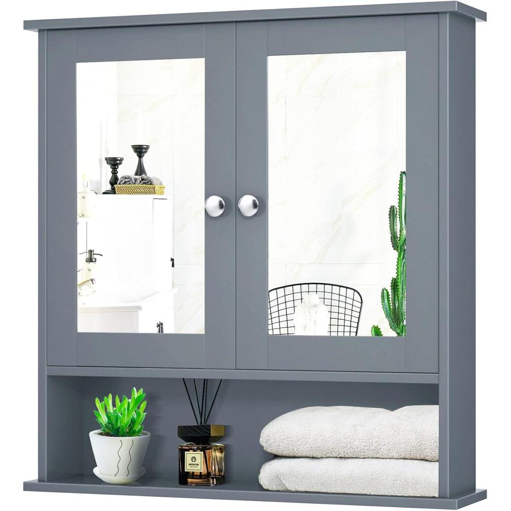 image:imageGiantex Medicine Cabinet Bathroom Wall Cabinet with 2 Mirrored Doors Adjustable Shelf Open Compartment Wall Mounted Cabinet Over The Toilet Storage Cabinet 22 x 5 x 23 Cupboard GreyGrey