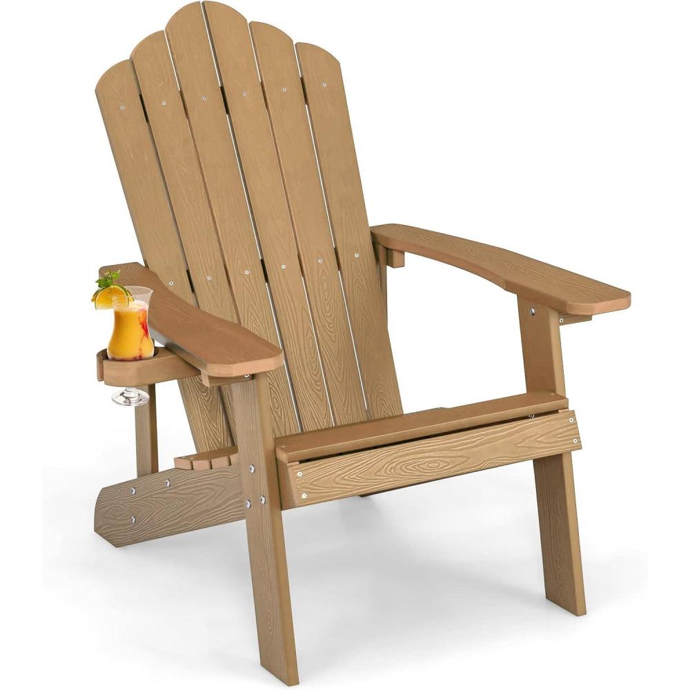 image:imageGiantex Outdoor Adirondack Chair  Oversized Patio Chairs wHidden Cup Holder Realistic Wood Grain 380 LBS Weight Capacity Weather Resistant Firepit Chairs for Backyard Garden 4 BlackTeak