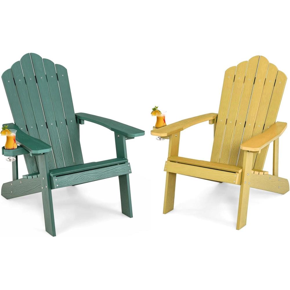 image:imageGiantex Outdoor Adirondack Chair Oversized Patio Chairs wHidden Cup Holder Realistic Wood Grain 380 LBS Weight Capacity Weather Resistant Firepit Chairs for Backyard Garden 4 BlackGreen yellow