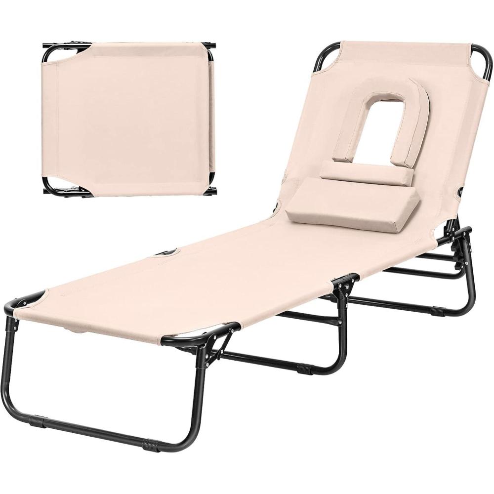image:imageGiantex Outdoor Chaise Lounge Chair Folding Beach Chair with 5 Adjustable Positions Hole Detachable Pillow Hand Ropes Lounger for Sunbathing Poolside Yard Patio Lawn Chair 2 BeigeBeige