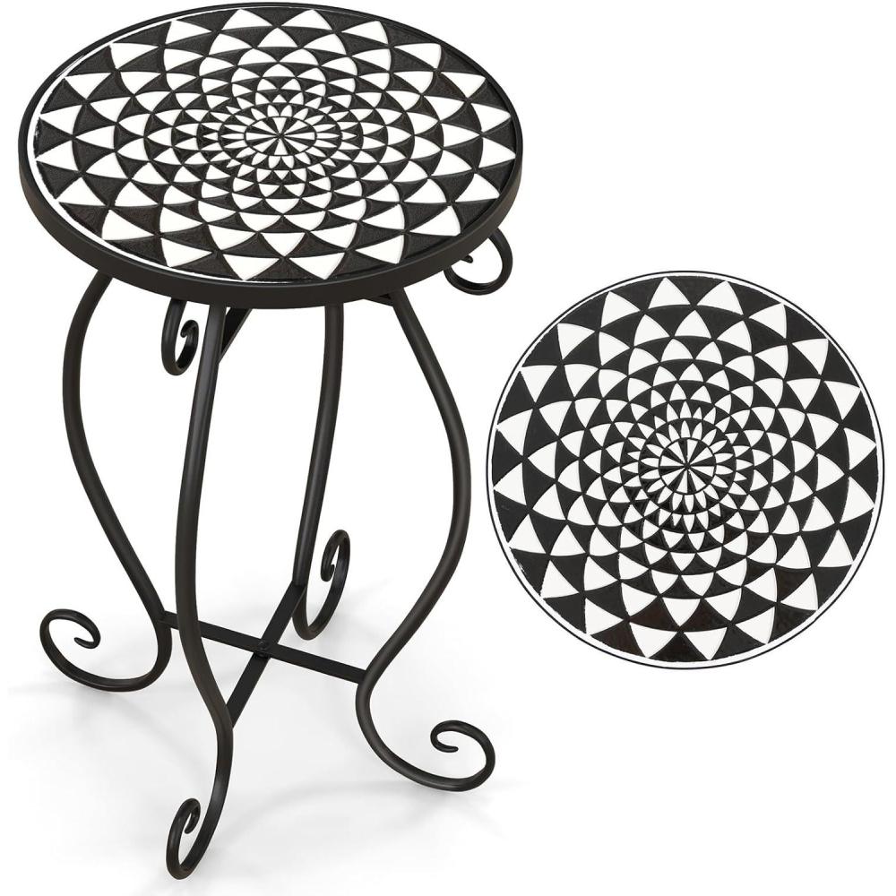 image:imageGiantex Outdoor Side Table Mosaic Patio Table 14inch Accent Table Plant Stand Indoor Ceramic Tile Top Metal Frame Small End Table Porch Beach Patio Garden Balcony PoolsideMonochrome