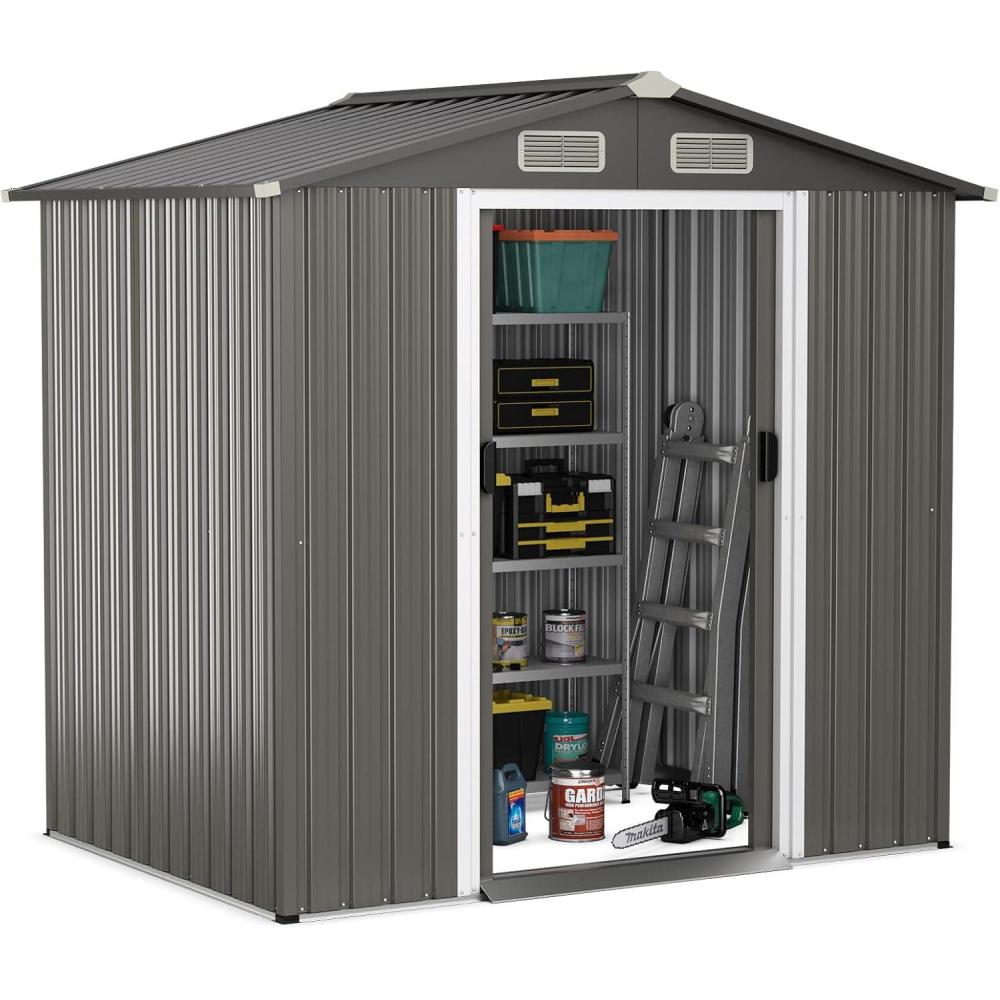image:imageGiantex Outdoor Storage Shed 6 x 4 FT Double Sliding Door 4 Front and Back Vent Galvanized Metal Garden Storage Room Weather Resistant Tool Storage Shed for Backyard Patio Lawn GrayGray