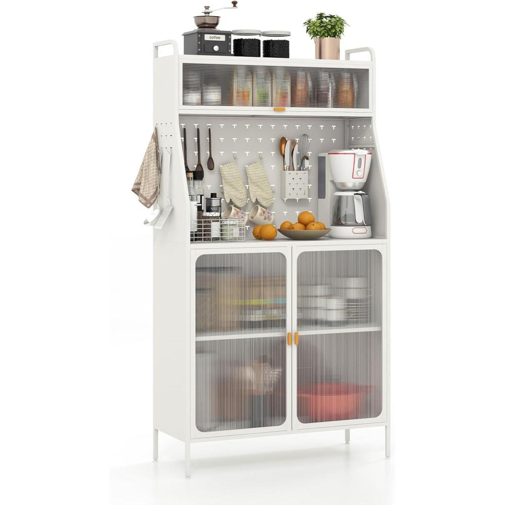 image:imageGiantex Pantry Organizers and Storage 635 H Kitchen Buffet Cabinet with Hutch Pegboard 8 Hooks amp 1 Hanging Storage Box Standing Bakers Rack with Flipup PC Doors ToolFree Assembly WhiteWhite