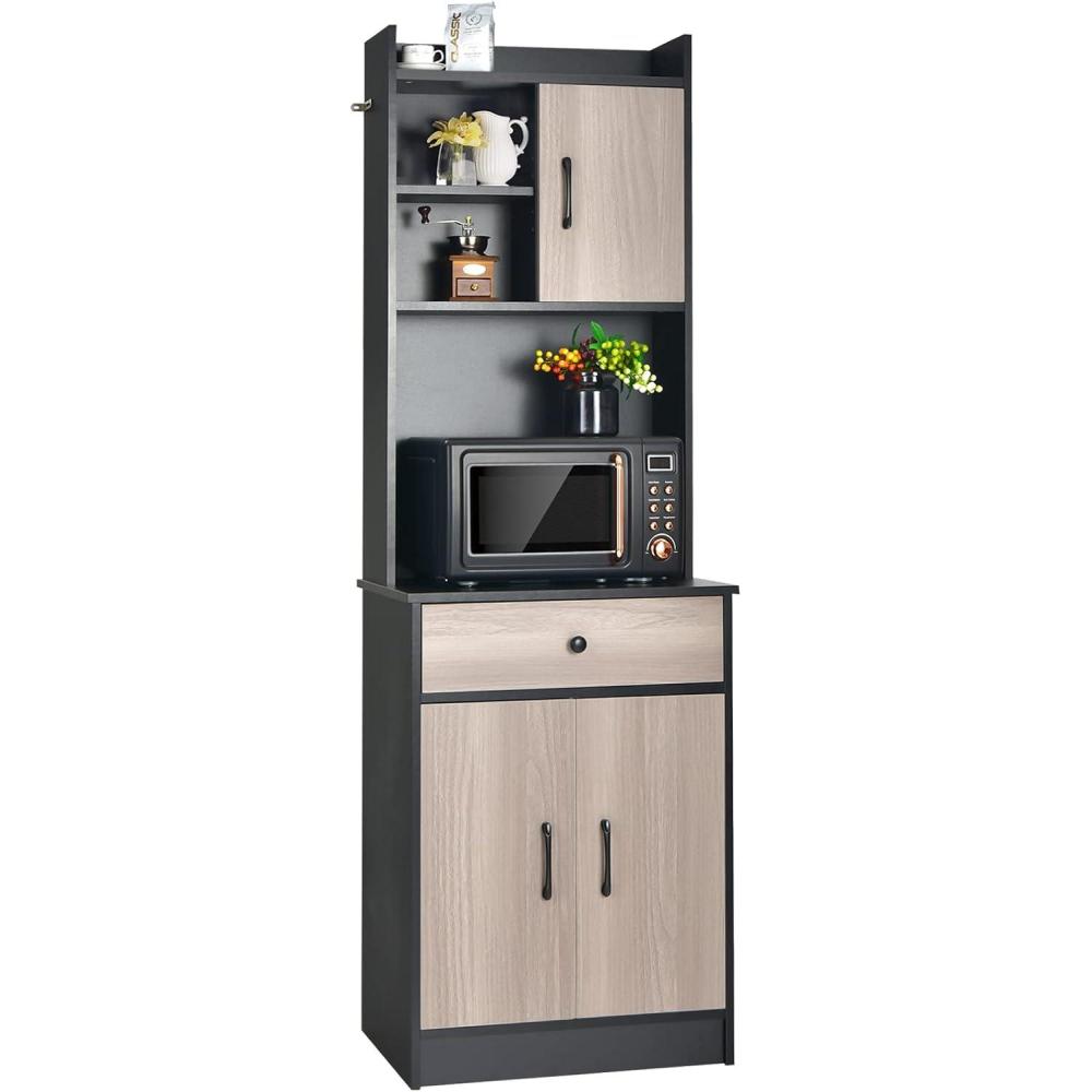 image:imageGiantex Pantry Organizers and Storage Tall Buffet Hutch Cabinet with Drawer Cabinet Shelf High Cupboard Sideboard Stationary Microwave Stand Wood Countertop Black amp Natural
