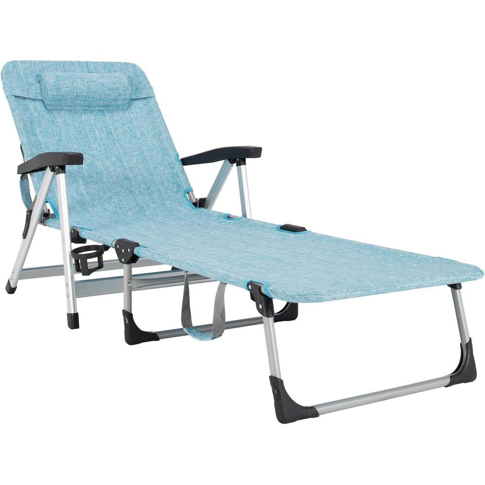 image:imageGiantex Patio Chaise Lounge Chair 7 Adjustable Position Folding Camping Cot Outdoor Lounger with Cup Holder Detachable Pillow Beach Sleeping Recliner for Poolside Lawn Sunbathing Chair 1 Blue