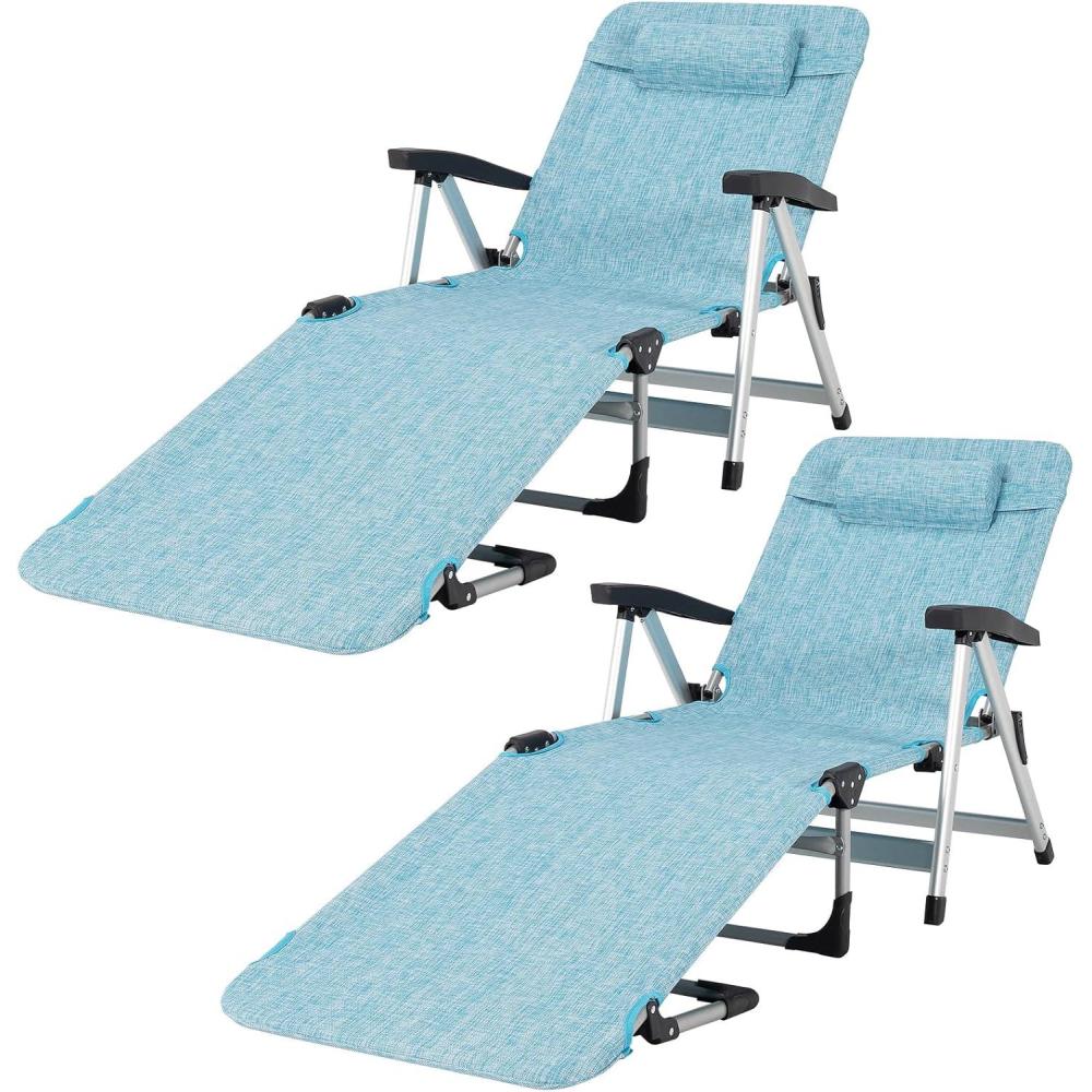 image:imageGiantex Patio Chaise Lounge Chair 7 Adjustable Position Folding Camping Cot Outdoor Lounger with Cup Holder Detachable Pillow Beach Sleeping Recliner for Poolside Lawn Sunbathing Chair 2 Blue