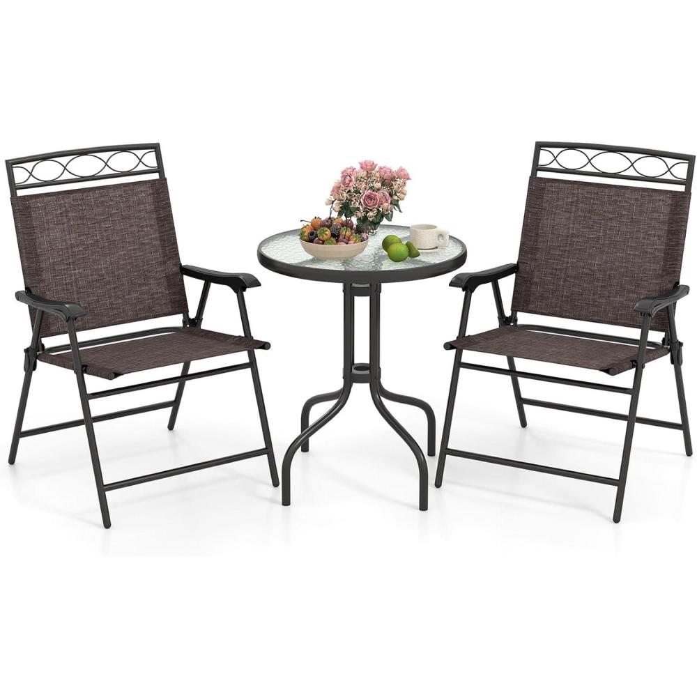 image:imageGiantex Patio Dining Set Round Glass Table with 2 Patio Folding Chairs Outdoor Table and Chairs for Garden Pool Backyard Tempered Glass Tabletop with Umbrella Hole BrownBrown
