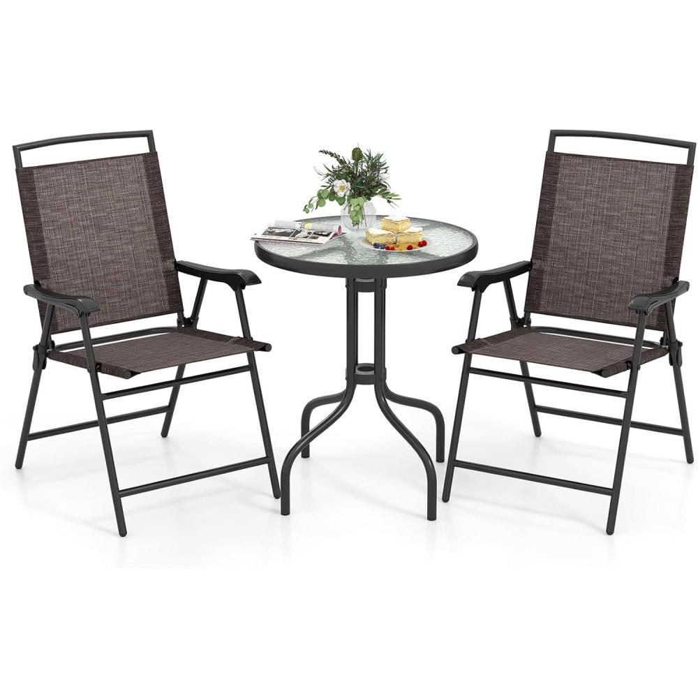 image:imageGiantex Patio Dining Set with 2 Patio Folding Chairs Outdoor Round Table and Chairs for Garden Pool Backyard Tempered Glass Tabletop Bistro Dining Furniture Set BrownBrown